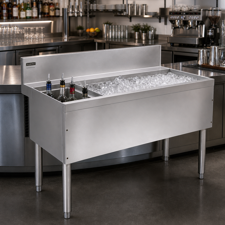 Product image #2 for Advance Tabco Prestige Supreme 42-Inch Stainless Steel Bar Ice Bin with 10-Circuit Cold Plate and Left Bottle Rack