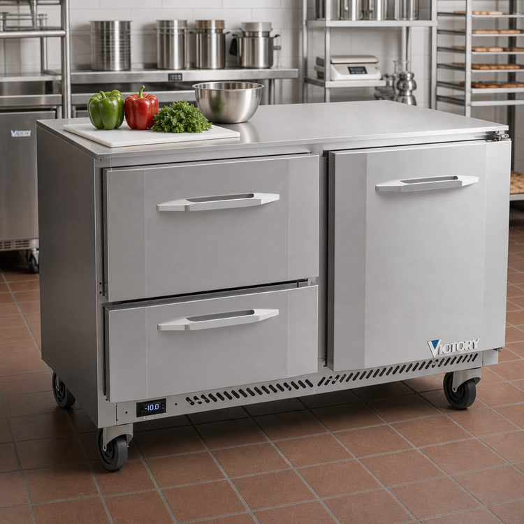 Product image #2 for Victory Refrigeration VUFD48HC-2 Two-Section Undercounter Freezer with Door and Drawers, 48-Inch, Self-Contained, R290