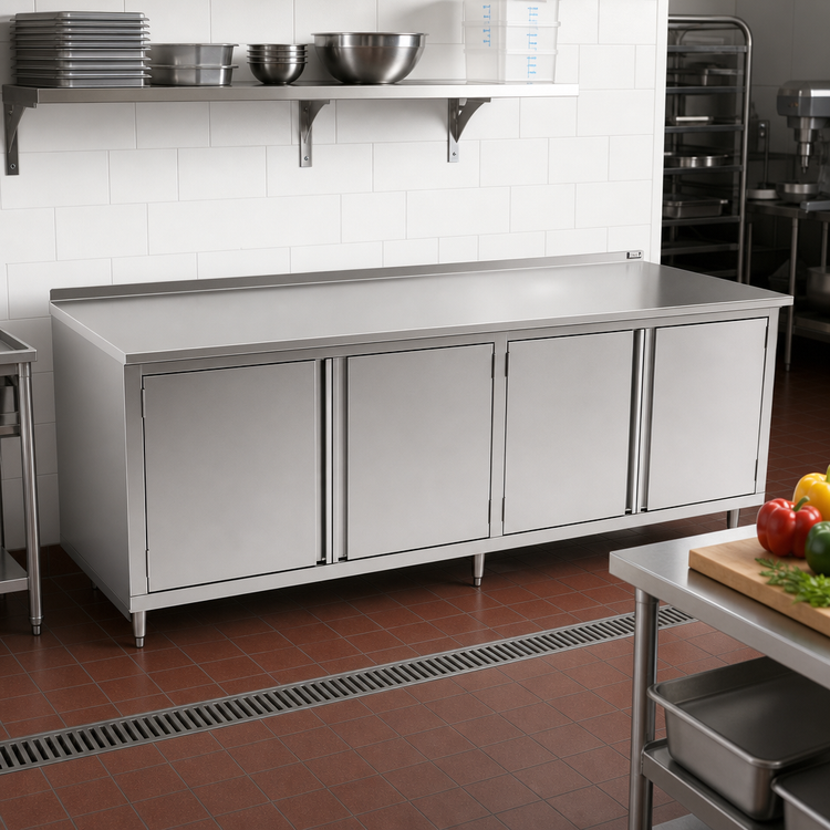 Product image #2 for John Boos 108-Inch x 36-Inch Stainless Steel Enclosed Work Table with Hinged Doors and 1-1/2-Inch Rear Riser