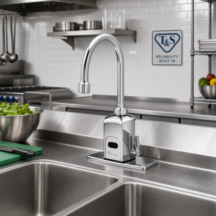 Product image #2 for T&S Brass ChekPoint Above-Deck Electronic Touchless Faucet with 4-Inch Centers and Gooseneck Swivel/Rigid Spout