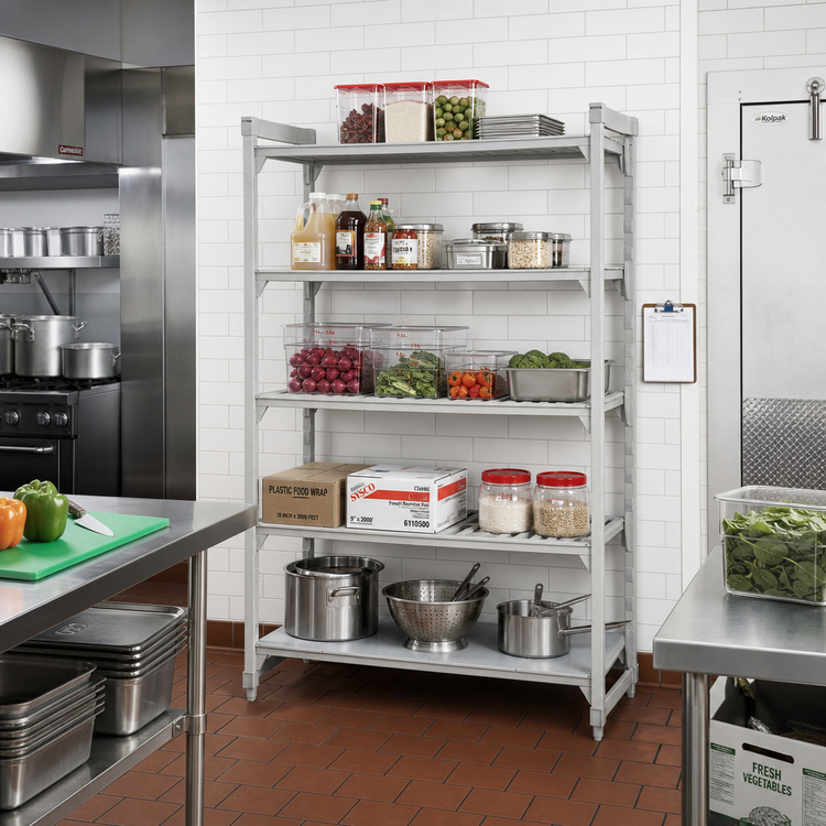 Product image #3 for Cambro Camshelving Premium 5-Shelf Stationary Starter Unit, 18" x 48" x 84", Vented and Solid Polypropylene Shelving, Speckled Gray