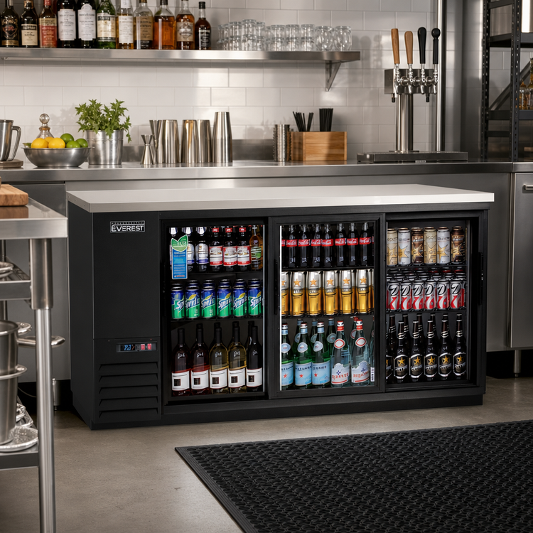 Product image #2 for Everest Refrigeration Three-Section Back Bar Refrigerator, 89-1/4 Inch, 28 Cu. Ft., Self-Contained Side-Mounted, Glass Sliding Doors