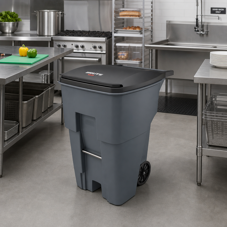 Product image #2 for Rubbermaid Commercial Products BRUTE 95-Gallon Roll-Out Trash Container with Hinged Lid, Gray