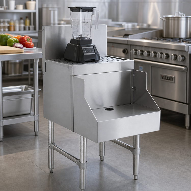 Product image #2 for Advance Tabco Prestige 18-Inch Stainless Steel Freestanding Blender Station with Drainboard Top and Recessed Shelf