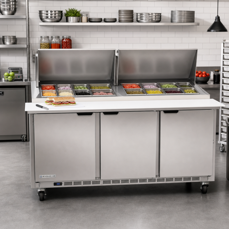 Product image #3 for Beverage-Air 72-Inch Mega Top Refrigerated Sandwich Prep Table, 3 Doors, 24-Pan Capacity