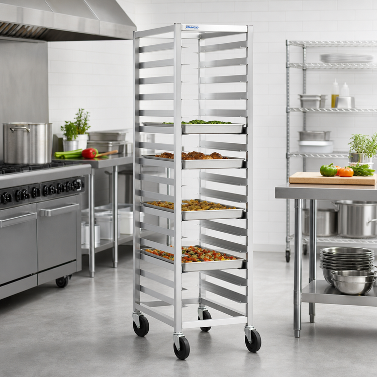 Product image #2 for Panco Mobile Full-Height Open-Side Stainless Steel Utility Rack for 12 x 20 Pans, 18-Pan Capacity