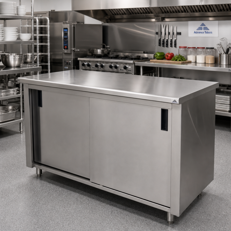 Product image #2 for Advance Tabco 120 x 36 Inch Enclosed Work Table with Sliding Door Cabinet Base and 14-Gauge 304 Stainless Steel Top