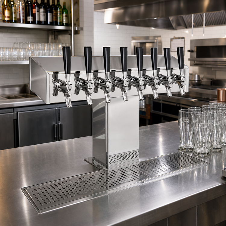 Product image #2 for Perlick 8-Faucet Wide Base Glycol-Cooled Tee Draft Beer Tower, Extra High, Polished Chrome