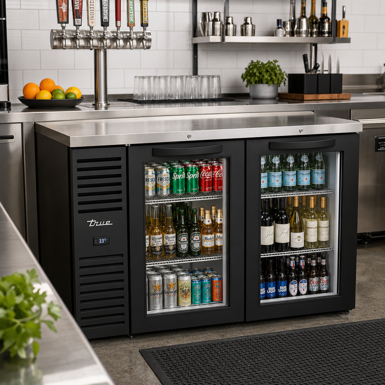 Product image #2 for True 60-Inch Two-Section Refrigerated Back Bar Cooler with Glass Doors and Stainless Steel Top