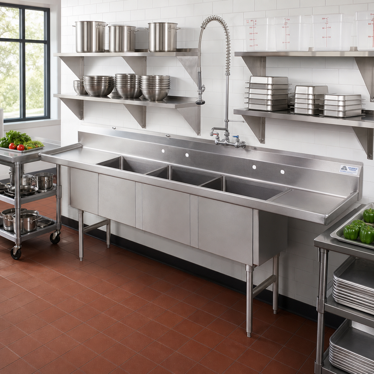 Product image #2 for Advance Tabco 4-Compartment Fabricated Stainless Steel Sink with Left and Right Drainboards, 24-Inch Bowls, 144-Inch Overall Length