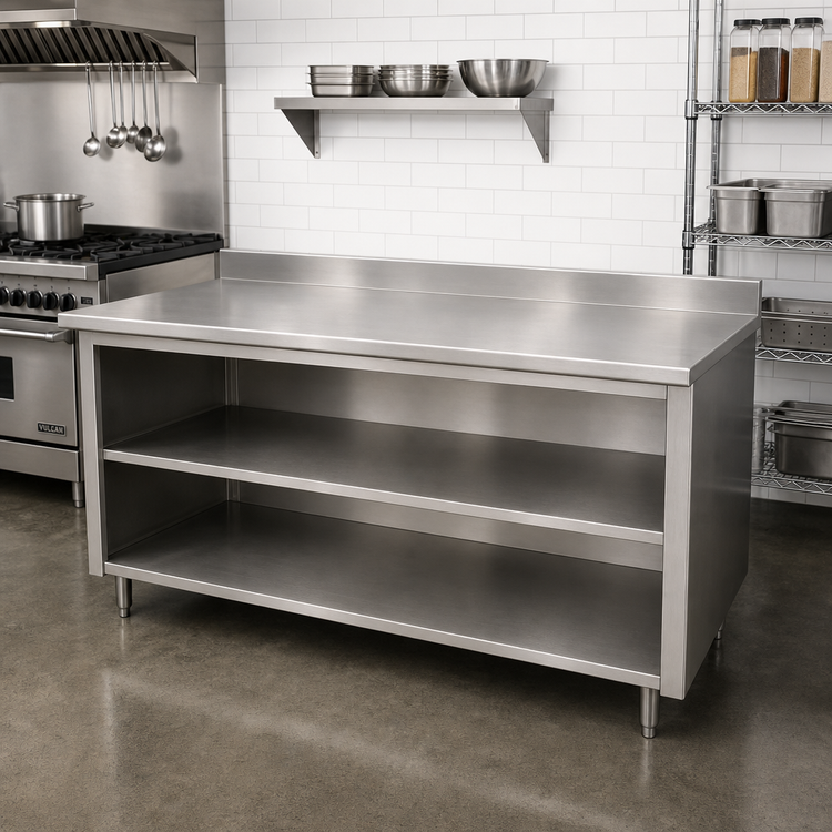 Product image #2 for 96 Inch x 24 Inch Stainless Steel Work Table with Open Front Cabinet Base, Mid-Shelf, and 5 Inch Backsplash