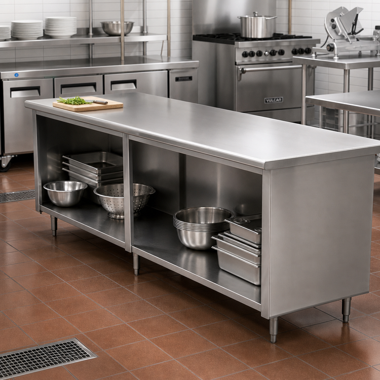Product image #2 for Advance Tabco Special Value Series Economy Open Base Work Table, 96" W x 30" D, 16 Gauge 304 Stainless Steel Flat Top