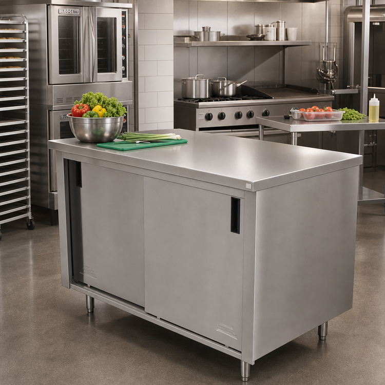 Product image #2 for Advance Tabco Enclosed Work Table with Cabinet Base, Sliding Doors, and 14 Gauge 304 Stainless Steel Top, 60"W x 36"D