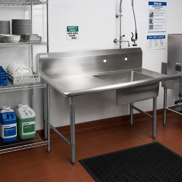 Product image #2 for BK Resources Heavy Duty Straight Soiled Dishtable, Left-to-Right, 72-Inch 304 Stainless Steel Top with 10-Inch Backsplash and Pre-Rinse Sink