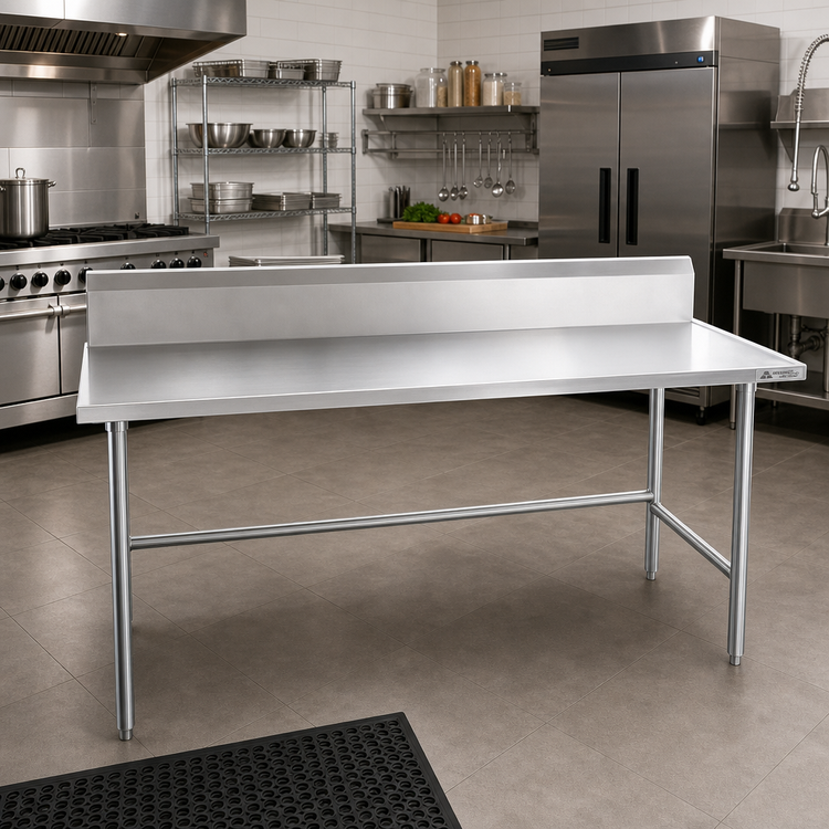Product image #2 for Advance Tabco 120-Inch x 36-Inch 14-Gauge 304 Stainless Steel Work Table with 10-Inch Backsplash and Open Base
