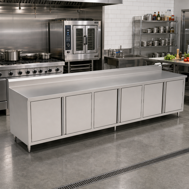 Product image #2 for John Boos 132 Inch x 24 Inch Stainless Steel Enclosed Work Table with Cabinet Base and 5 Inch Backsplash