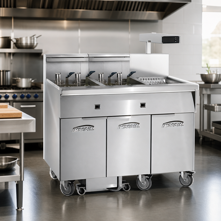 Product image #2 for Imperial Triple 50 lb. Electric Floor Fryer with Built-In Filter System and Dump Station