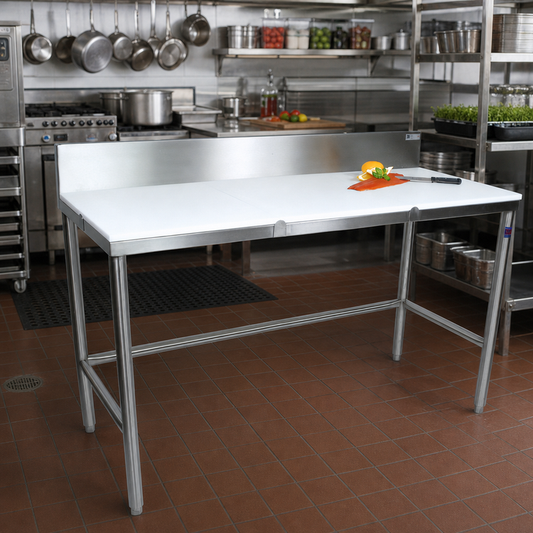 Product image #2 for John Boos 84-Inch x 36-Inch Reversible Poly Top Trimming Table with Stainless Steel Base and 6-Inch Backsplash