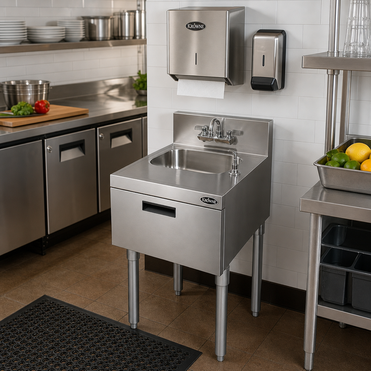 Product image #2 for Krowne Royal Series Freestanding Underbar Hand Sink Unit with Soap & Towel Dispenser, 18 x 24 Inch, 10 x 14 x 7 Bowl