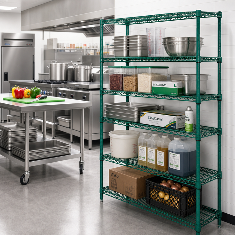 Product image #2 for Quantum 30"W x 14"D x 54"H Wire Shelving Starter Kit with 5 Shelves, Green Epoxy Antimicrobial Finish