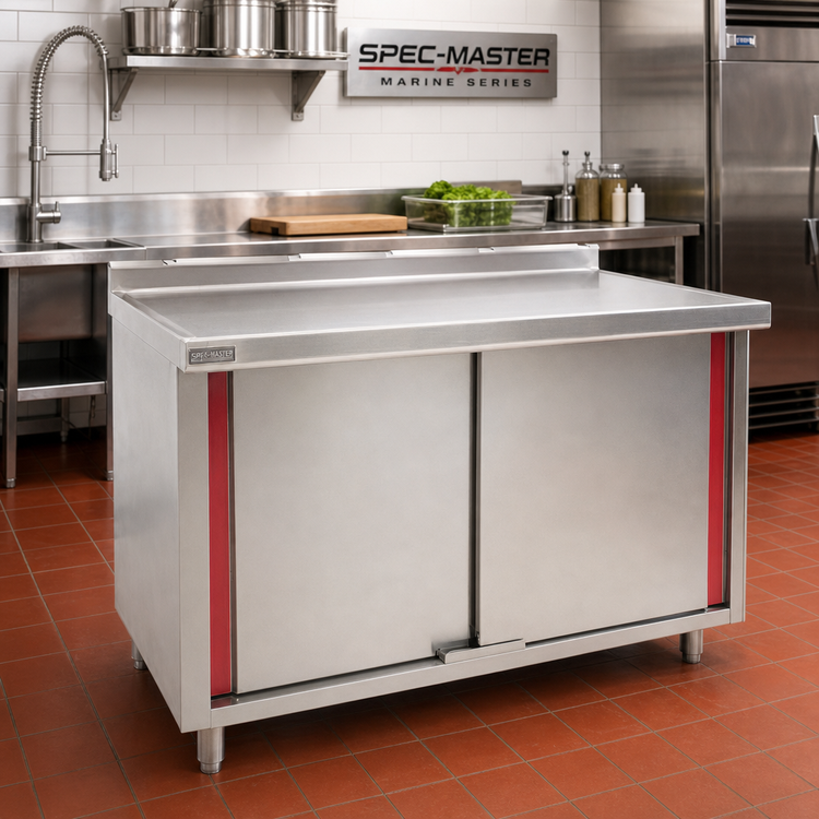 Product image #2 for Spec-Master UCBH30120SEM Marine Series 120 Inch 14-Gauge Stainless Steel Enclosed Work Table with Hinged Doors
