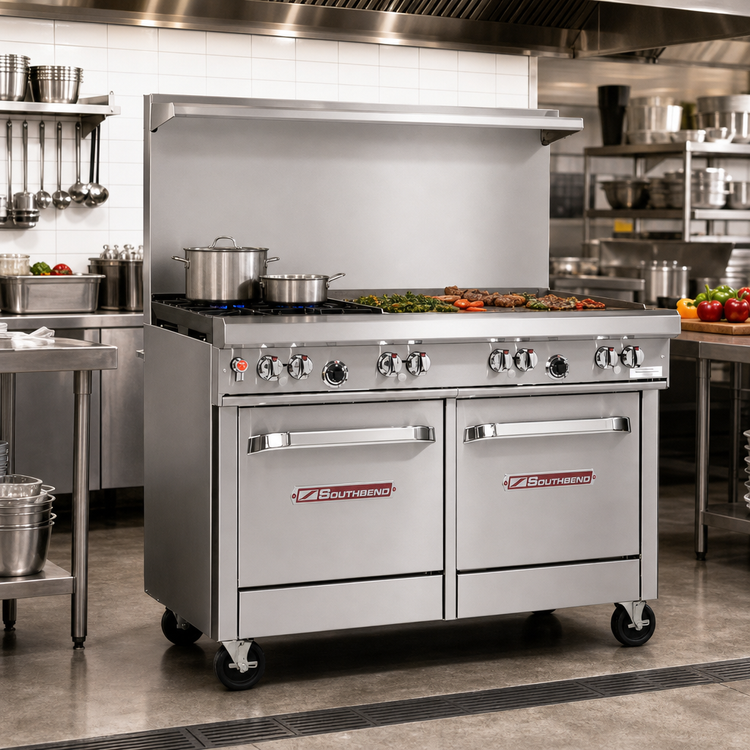 Product image #2 for 48-Inch Commercial Gas Restaurant Range with 2 Non-Clog Burners, 36-Inch Griddle, Standard Oven, and Cabinet Base