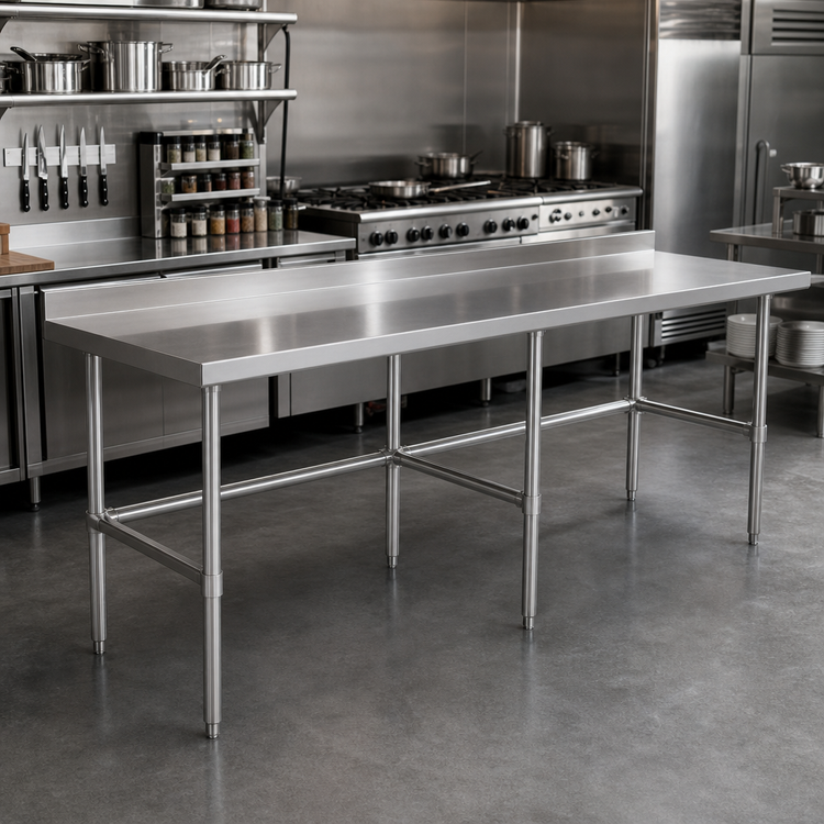 Product image #2 for Steel Works Stainless 84" x 24" x 34" Open Base Stainless Steel Worktable with 2" Rear Backsplash