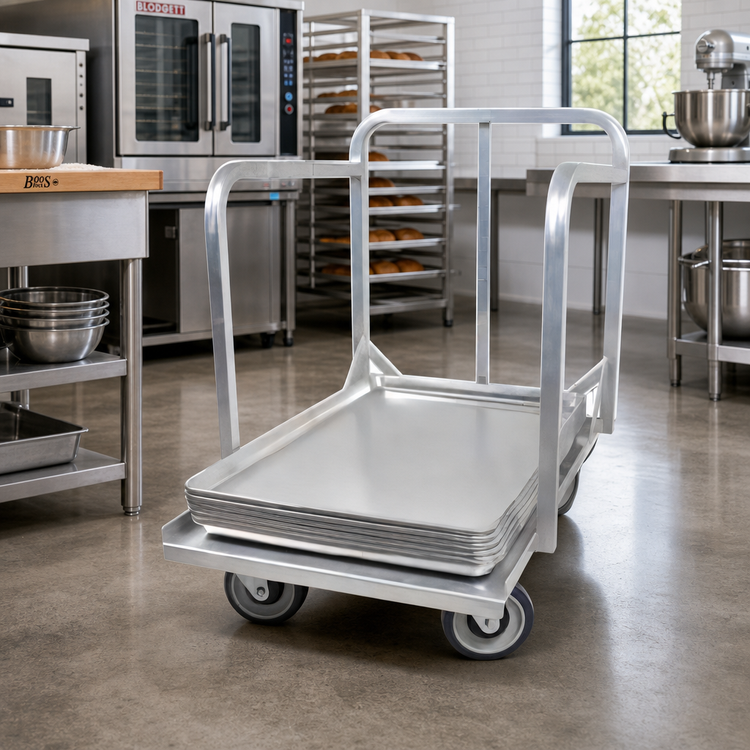 Product image #2 for John Boos Single-Stack Aluminum Bun Pan Truck/Dolly with Push Handle and 5-Inch Swivel Casters