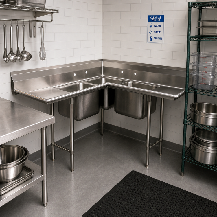 Product image #2 for Advance Tabco 3-Compartment Corner Sink with Three 24 x 24 x 12 Inch Bowls, Dual Drainboards, and 8 Inch Backsplash