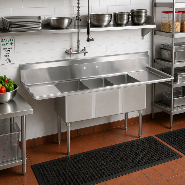 Product image #2 for BK Resources 3-Compartment Stainless Steel Sink with Dual Drainboards and 9-Inch Backsplash