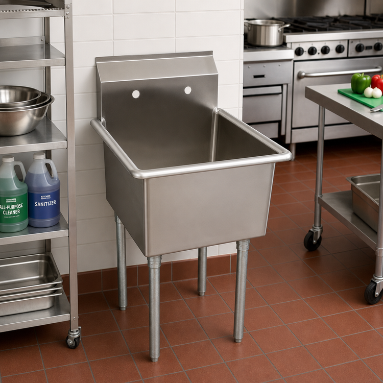 Product image #2 for BK Resources 1-Compartment Stainless Steel Utility Sink with 24 x 24 x 14-Inch Bowl, 9-Inch Backsplash, and Galvanized Legs