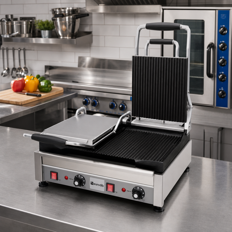 Product image #2 for Eurodib Commercial Double Countertop Electric Panini Grill with Left Flat and Right Ribbed Cast Iron Plates