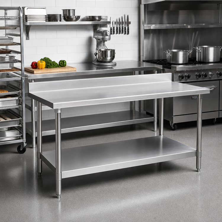 Product image #2 for 48-Inch x 24-Inch 430 Stainless Steel Work Table with 4-1/2-Inch Backsplash and Undershelf