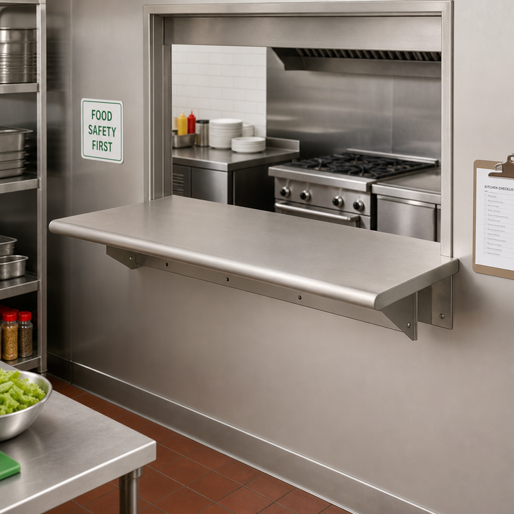 Product image #2 for BK Resources 72-Inch x 18-Inch Wall-Mounted Pass-Through Shelf, 304 Stainless Steel Top, 5-Inch Max Wall Thickness
