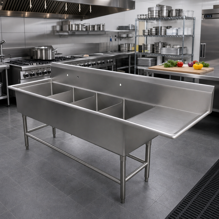 Product image #2 for Pro-Bowl 4-Compartment 14-Gauge Stainless Steel Sink with Right Drainboard, 18" x 18" x 14" Bowls