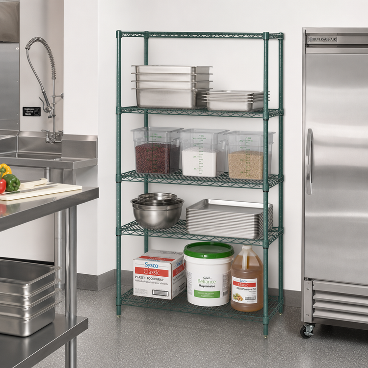Product image #2 for Quantum 42 x 14 x 74-Inch 4-Shelf Wire Shelving Starter Kit, Stationary, Green Epoxy Antimicrobial Finish