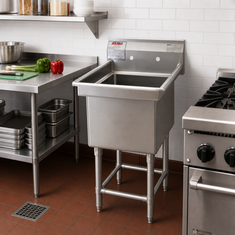 Product image #2 for Commercial Single-Compartment Stainless Steel Sink with 9-1/2-Inch Backsplash, 21 x 27 Inches