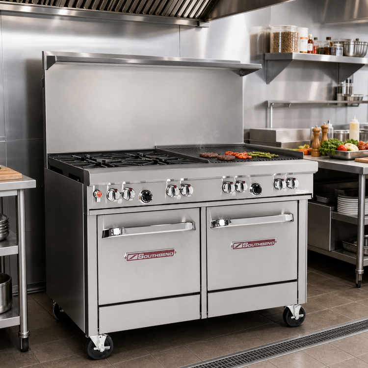 Product image #2 for Southbend Ultimate 48-Inch Gas Restaurant Range with 2 Open Burners, Wavy Grates, 36-Inch Charbroiler, Convection Oven, and Cabinet Base