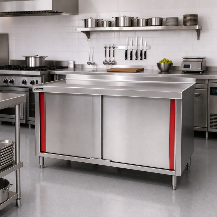 Product image #2 for Spec-Master Marine Series Enclosed Work Table with Cabinet Base and 4 Sliding Doors, 96 x 24 Inch, 14-Gauge Stainless Steel Top