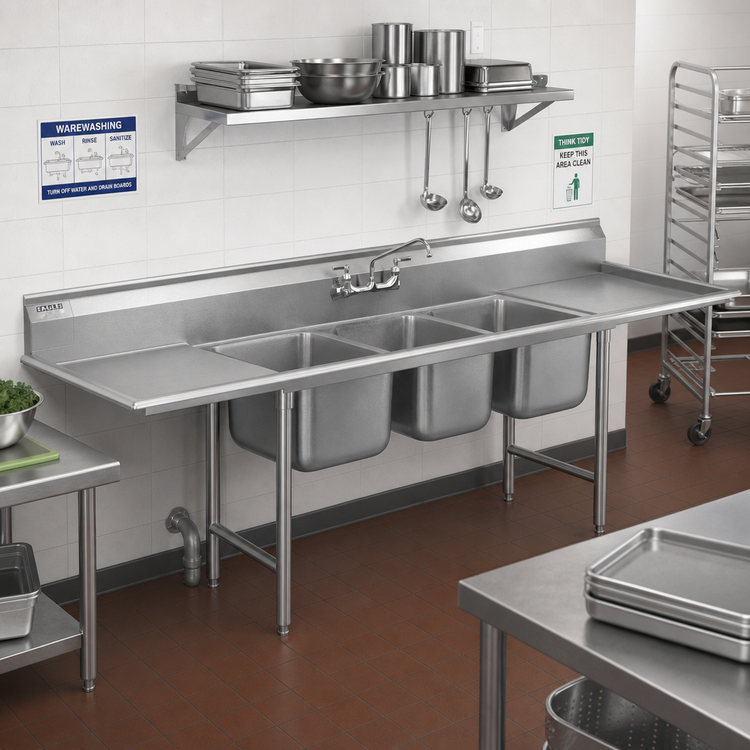 Product image #2 for Eagle Group 314 Series 3-Compartment 304 Stainless Steel Sink with Left and Right Drainboards, 96-Inch