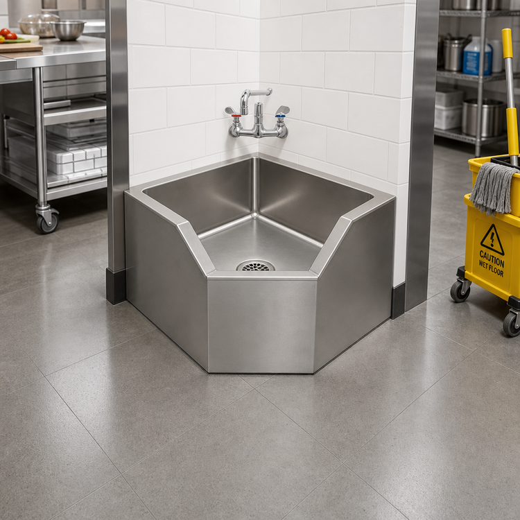 Product image #2 for Eagle Group Corner Floor-Mounted 304 Stainless Steel Mop Sink with Drop Edge, Full Skirt, and 24 x 24 x 8-Inch Bowl