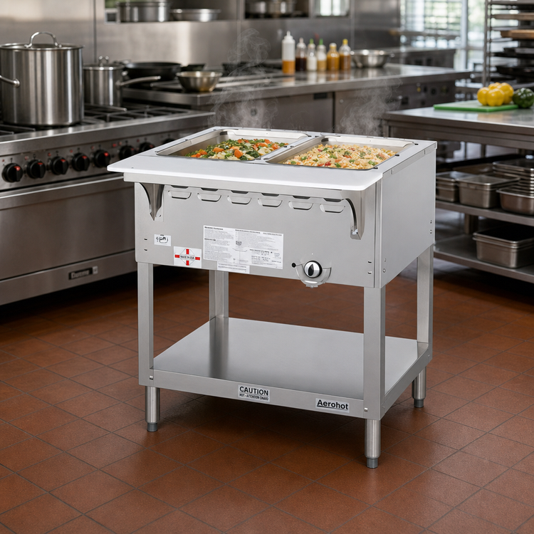 Product image #2 for Aerohot 30-3/8-Inch Gas Wet Bath Steam Table with 2-Pan Open Water Bath and Open Base with Undershelf
