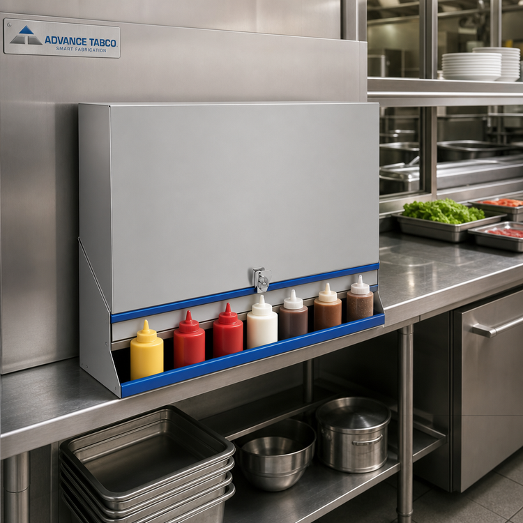 Product image #2 for Advance Tabco Prestige 24-Inch Single Tier Stainless Steel Speed Rail with Locking Cover, 6-Bottle Capacity