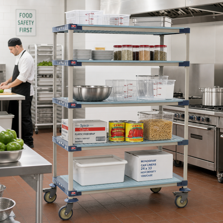 Product image #2 for MetroMax 4 Five-Tier Mobile Polymer Shelving Unit with 4 Open Grid Shelves and 1 Solid Shelf, 60 x 24 x 80 Inches