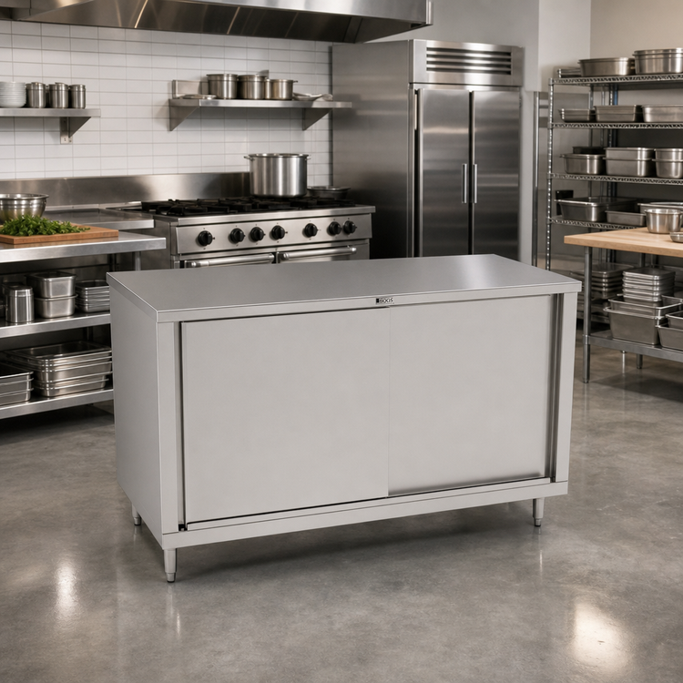 Product image #2 for John Boos 60" W x 36" D Flat Top Stainless Steel Cabinet Base Work Table with Sliding Doors
