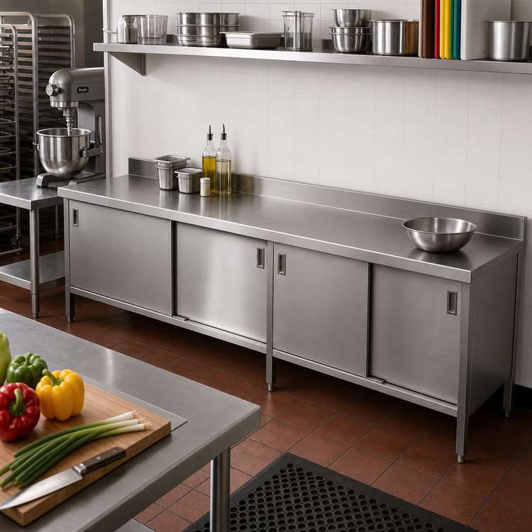 Product image #2 for John Boos Enclosed Base Stainless Steel Work Table with Sliding Doors, 108W x 24D, 5-Inch Backsplash