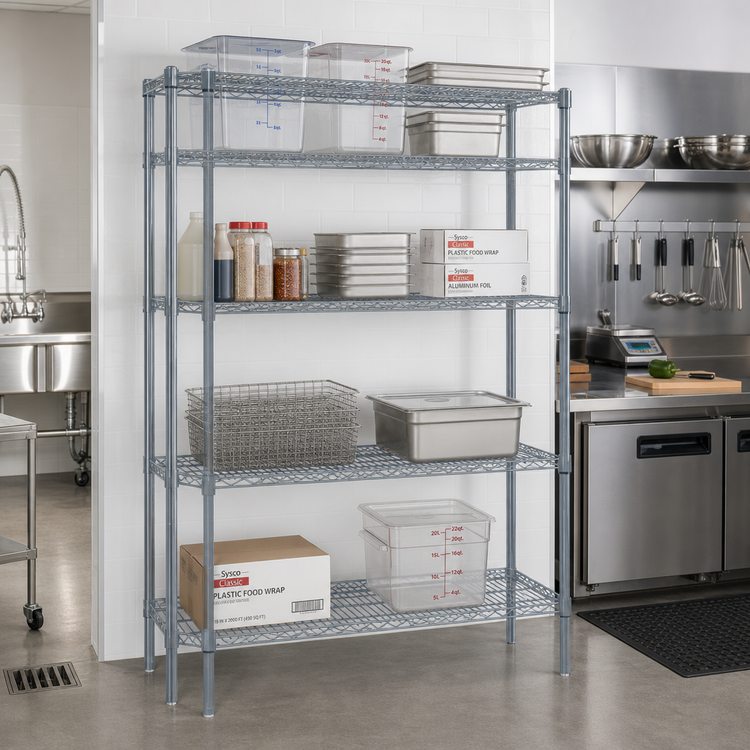 Product image #3 for Quantum Stationary Wire Shelving Starter Kit, Gray Epoxy Antimicrobial, 72"W x 24"D x 86"H, 5 Shelves