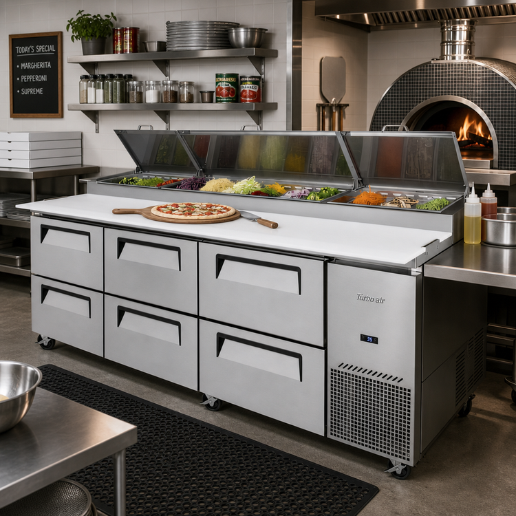 Product image #2 for Turbo Air Super Deluxe 93-1/8-Inch 3-Section Stainless Steel Pizza Prep Table with 6 Drawers, Side-Mount Self-Contained Refrigeration