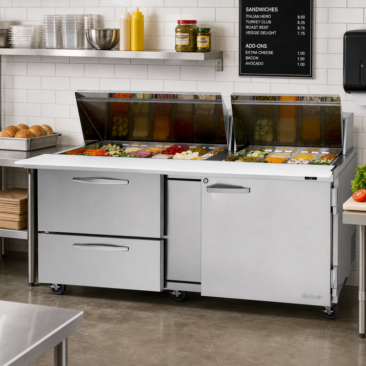 Product image #3 for Turbo Air PRO Series 72-5/8-Inch Wide Self-Contained Mega Top Sandwich/Salad Prep Table with 2 Drawers, 1 Door, and 30-Pan Top