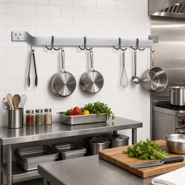 Product image #2 for Eagle Group 72-Inch Wall-Mount Single-Bar Aluminum Pot Rack with 6 Double-Prong Hooks